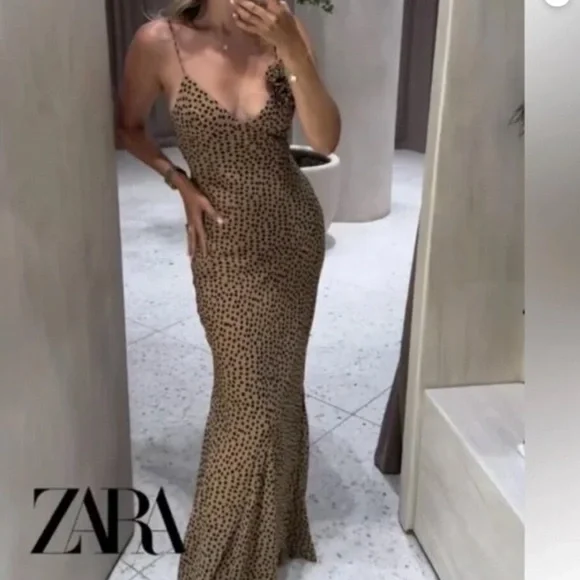Zara Tan Maxi Dress with Black Dots - Picture 2 of 12